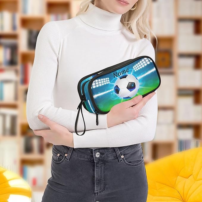 Custom Soccer Ball on Field Pencil Case Box Boys Girls Personalized Name Large Pencil Pouch Stationery Pen Bag Organizer for Kids Adults School Office