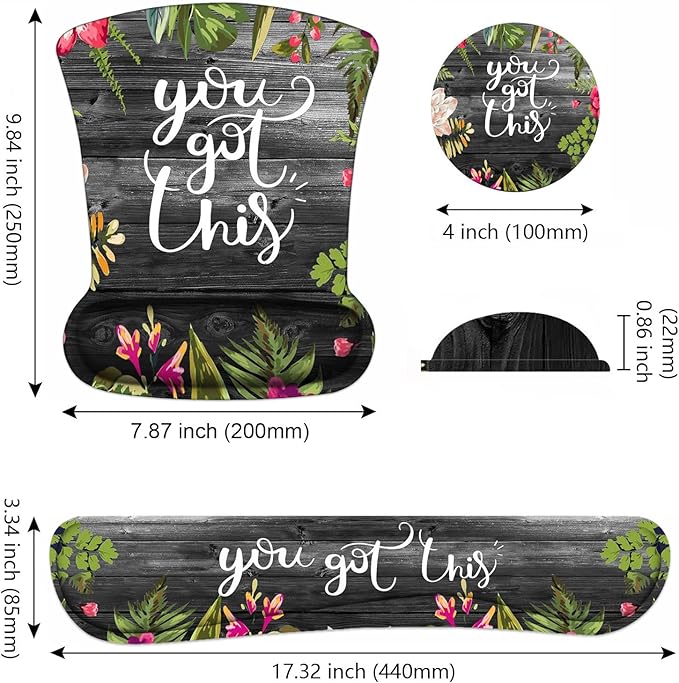 Keyboard and Mouse Wrist Rest Support Set With Coasters - You Got This Inspirational Quote Pad With Non-Slip PU Base for Home Office Working Studying Easy Typing & Pain Relief