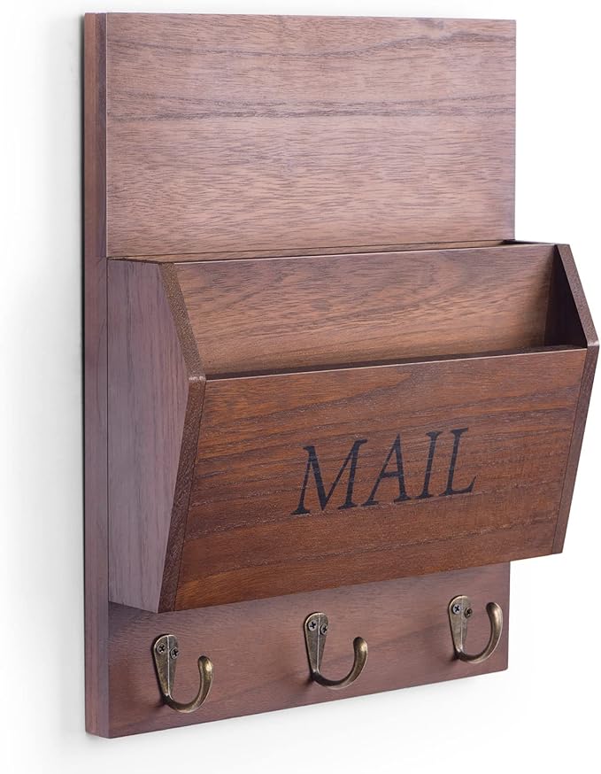 DLQuarts Mail Organizer with Key Holder for Wall Decorative Mail Sorter Wall Mounted, Wooden Mail Holder with 3 Hooks, Dark Brown