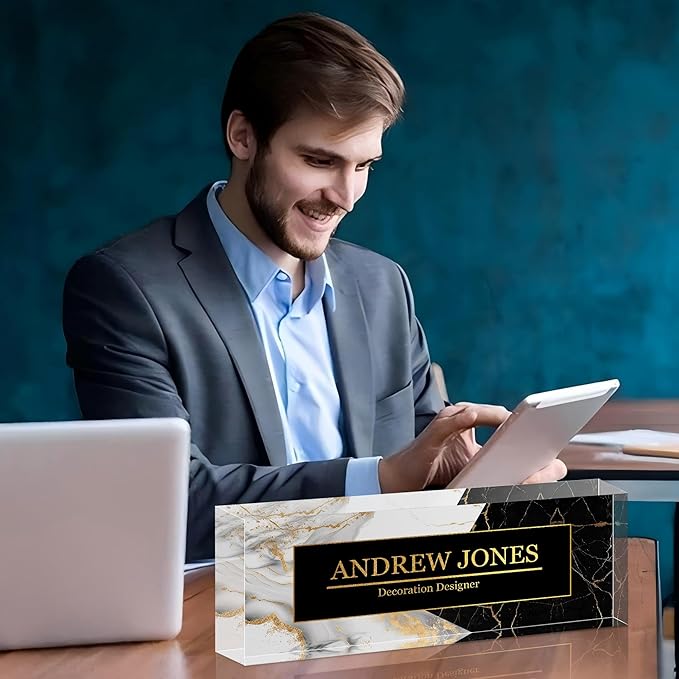 Personalized Name Plate for Desk, Custom Acrylic Desk Name Sign, Office Appreciation Gifts for Women Men Coworkers Boss Teacher Employee (B/W Marble)