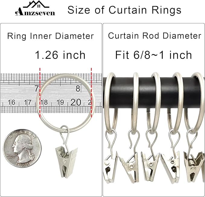 AMZSEVEN 90 Pack Curtain Rings with Clips, Drapery Clips with Rings, Drapes Rings 1.26 in Interior Diameter, Fits up to 1 in Curtain Rod, Matte Silver