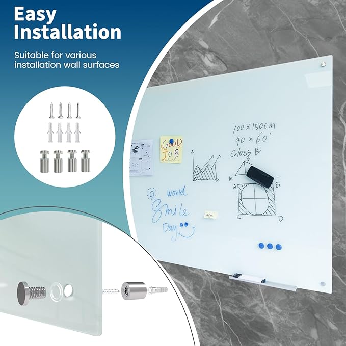 Magnetic Glass Dry Erase White Board Whiteboard Glass Writeboard 40"x60" Tempered Glass Dry Erase Board Wall Mounted Frameless Writing GlassBoard for Office School Home (White)