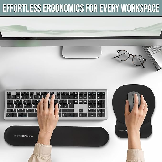 Gel Wrist Rest Mouse Pad Set, Ergonomic Office Mousepad with Memory Foam Wrist Support, Gel Mouse Pad with Wrist Support Keyboard Rest, Non-Slip Desk Accessory for Office, Home & Gaming (Black)