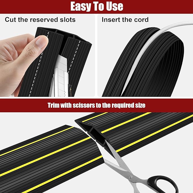 Cord Cover Floor, 3ft Heavy Duty Cable Protector, Cord Cover for Wires on Floor, Extension Indoor Outdoor Cable Cover Rubber 3 Channel Cable Management Cord Hider Floor, Black