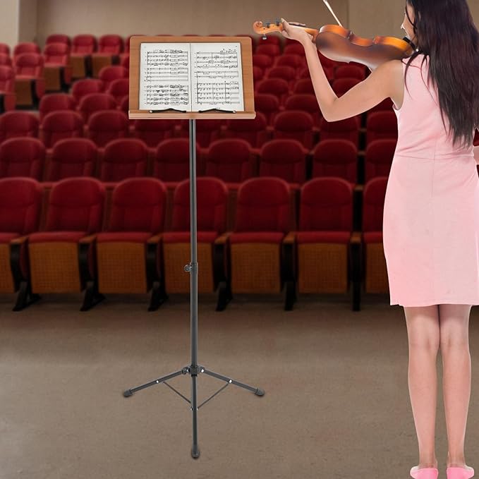 Sheet Music Stand & Desktop Book Stand, Rotatable Music Book Holder Stand,Wooden Portable Sheet Music Table Stand Height Adjustable from 27.5-74.8in with Book Stand Support,Foldable Tripod