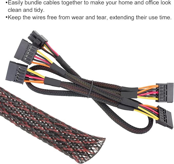 100ft PET Expandable Wire Loom 3/8 Inch, PET Braided Wire Sleeving Cable Management Sleeve Tubing [for Audio Video Home Office Cord Protector]-Black, Red