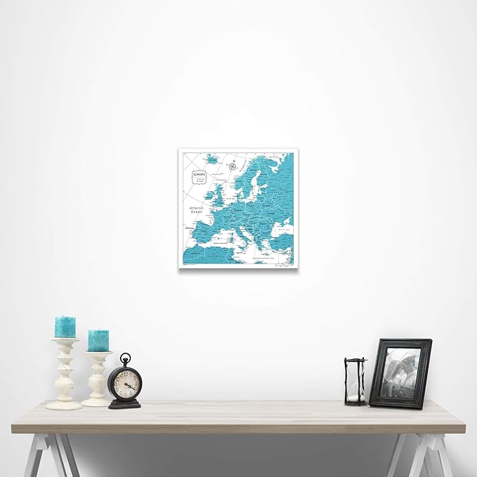 Push Pin Europe Map Board - With Push Pins to Mark Europe Travel - Handmade in Ohio, USA - Design: Teal Color Splash