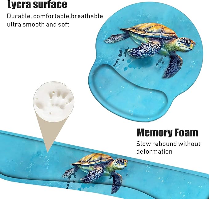 Keyboard Wrist Rest and Mouse Pad Wrist Support Set with Coasters, Non-Slip PU Base Ergonomic Gaming Mousepad for Home Office Working Studying Easy Typing & Pain Relief - Sea Turtle