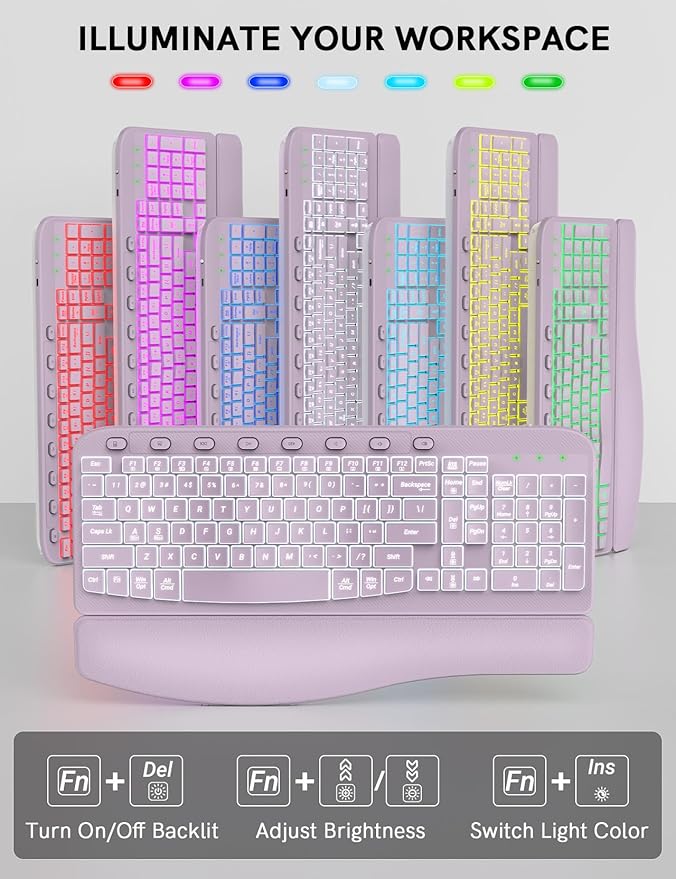 SABLUTE Ergonomic Wireless Keyboard and Mouse Combo - Wave Keyboard with Soft Leather Wrist Rest, Resistant Keys, RGB Backlit Rechargeable Set for PC/Mac/Chromebook (Lavender Purple)