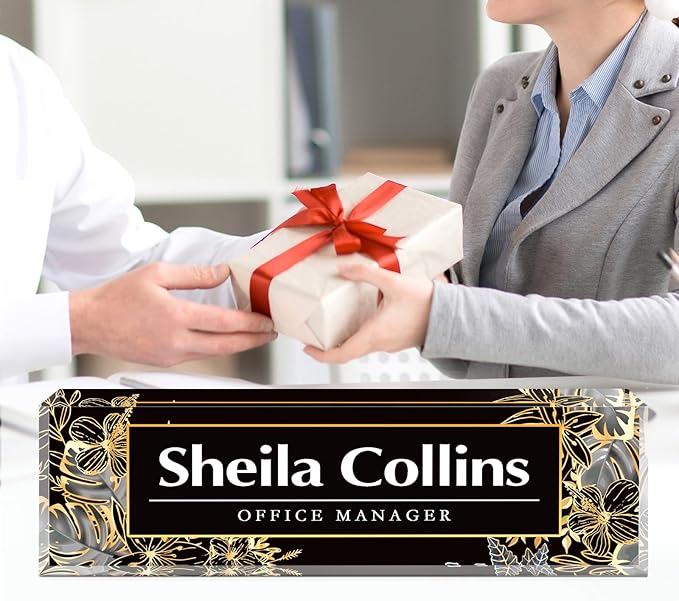 Custom Name Plate for Desk, Employee Appreciation Gifts, Acrylic Desk Name Plate Personalized, Office Decor, Funny Office Gifts for Coworkers Boss Teacher (Gold Flower)