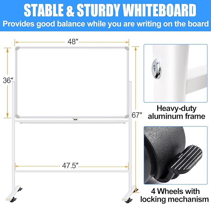 Dry Erase Board with Stand - 48x36 Inches Double-Sided Mobile Whiteboard with Stand, Large White Board on Wheels for Meeting, Training, Rolling Magnetic Whiteboard for Home Office Classroom School