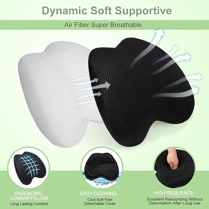 Lumbar Support Pillow Office Chair Car Back Pillow Ergonomic Lower Back Pain Relief Breathable Air Fiber Cushion with Hours Sitting on Worker Driver & Handicapped, Adjustable Strap (Black)