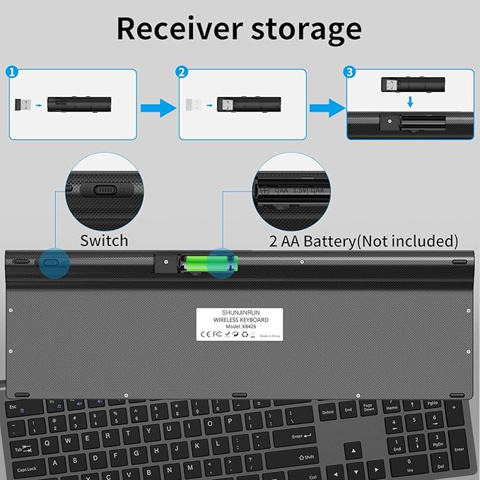 2.4G Wireless Slim Full-Size Keyboard with Numeric Keypad, Calculator Button, USB Receiver, Fn Lock, Ultra-Thin Scissor Switch Design, Computer Keyboard for Laptop PC Windows Mac（Without Mouse）