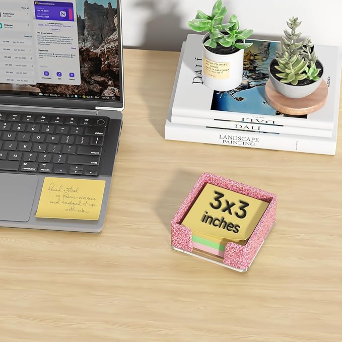 Sticky Note Holder, Glitter Pink Acrylic Notepad Holder 3x3 in Self-Stick Note Dispenser Office Desk Accessories, Memo Pad Holder Organizer for Classroom School Supplies