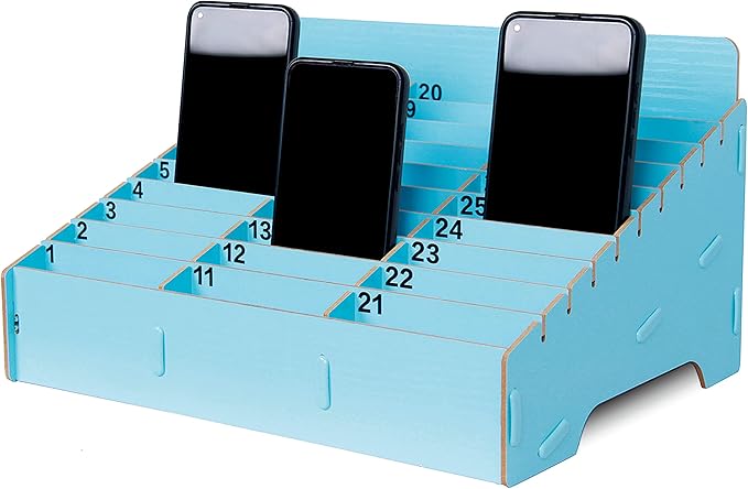 OFCAD 30-Grid Cell Phone Holder with Number Stickers Desktop Organizer Storage Box for Classroom Office(Blue)