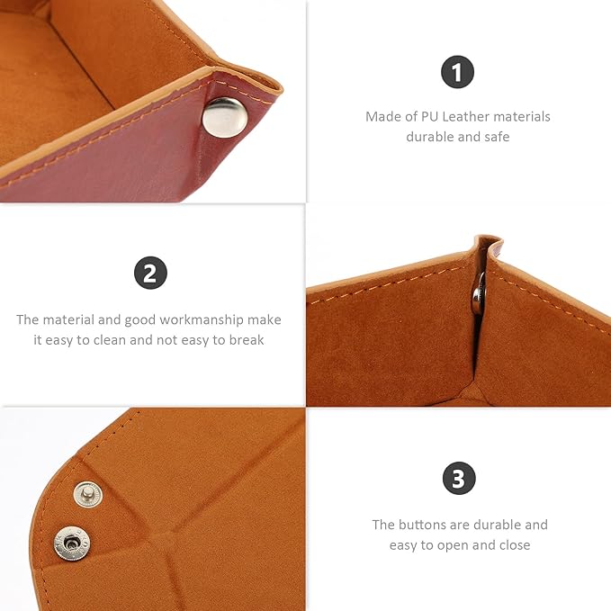 PU Leather Folding Valet Tray Small Jewelry Catchall Organizer for Desktop Storage Brown Compact Desk Tray for Home Office and Bedroom Sundries Management