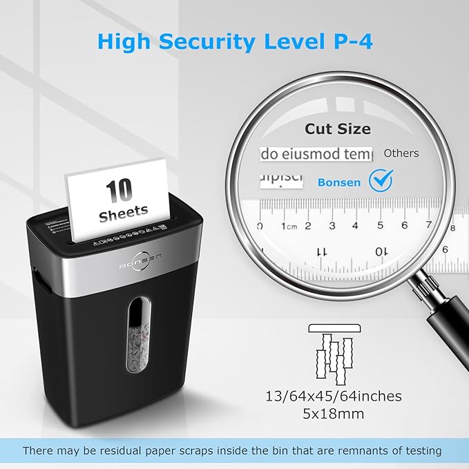 BONSEN Paper Shredder for Home Office, 4 Gallons Bin, 10-Sheet Cross-Cut Shredder, P-4 High Security Level, Quiet Credit Card Shredder with Jam Proof System (S3201)