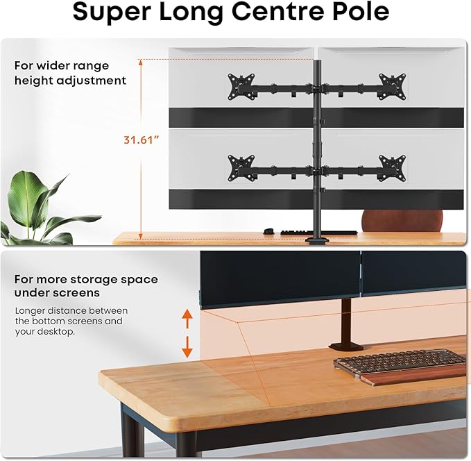 PUTORSEN Quad Monitor Stand, 4 Monitor Desk Mount for 17 to 32 Inch Screens, Heavy Duty Fully Adjustable Desk Arm with 31.7" Height, VESA 75/100 mm, fits C-Clamp & Grommet Base