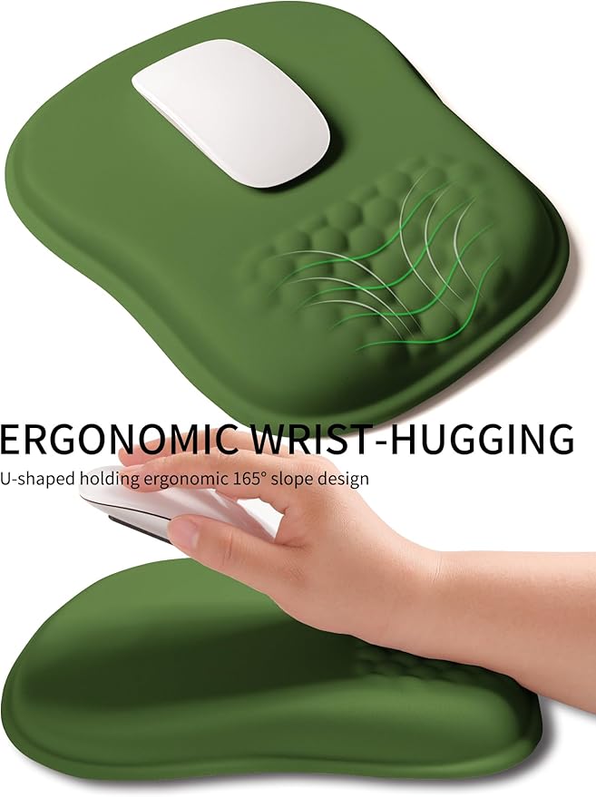 Hokafenle Ergonomic Wrist-Hugging Mouse Pad Wrist Support, U-Shaped Holding Wrist Rest Mousepad for Carpal Tunnel Pain Relief with Cushioned Memory Foam Slope Massage Bulge (10.2x8.3 in,Dill Green)