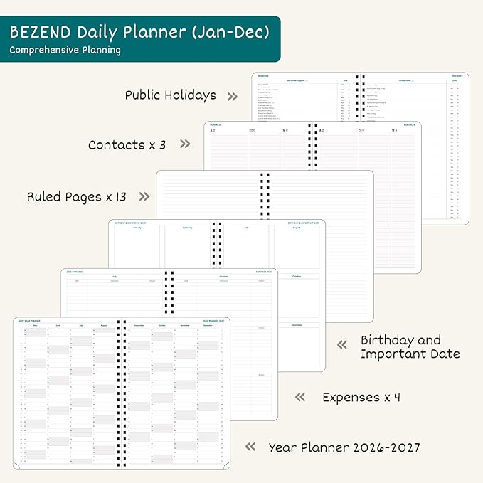 BEZEND Daily Appointment Book 2026 Page per Day Even Weekends (Large-8.25" x 11.75") 15-Minute Timeslots in 4 Columns, Monthly Planner with Tabs & Week Schedule, PU Leather Softcover in Dark Green