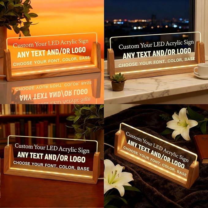 Personalized LED Name Plate for Desk, Light Up Acrylic Office Decor Desk Name Plate with Wooden Base, Custom Name Logo Quote, Appreciation Gifts for Boss Coworkers Employee Women Men (Your Words)