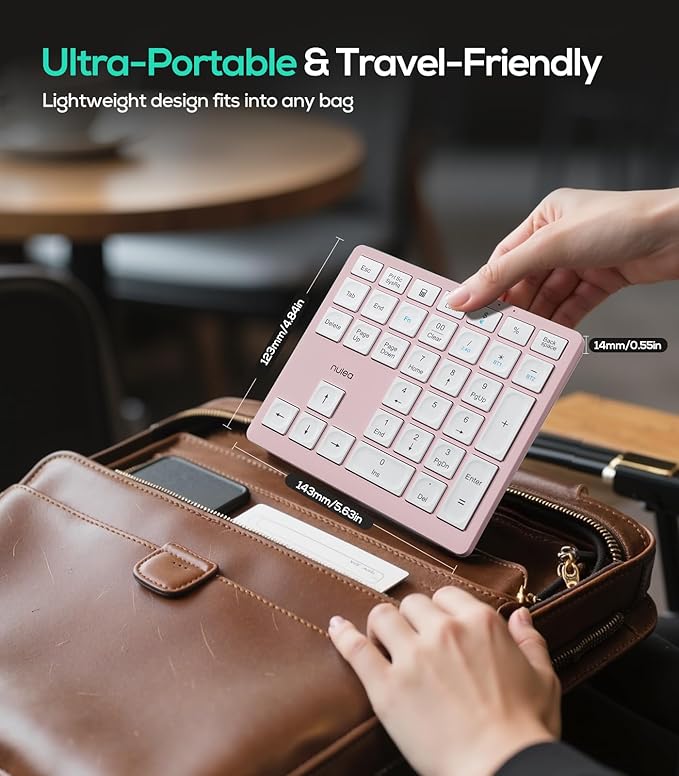Nulea Wireless Number Pad Bluetooth 5.0 & 2.4G Portable Numeric Keyboard, USB-C Rechargeable, 34-Keys Bluetooth Keyboard for Data Entry (Pink)
