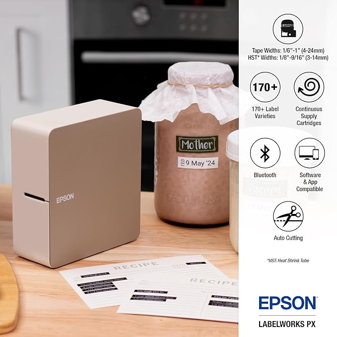 LABELWORKS Epson LW-C610PX Premium Portable Wireless Label Maker with AC Adapter - Ideal for Home, Crafts, and Organization