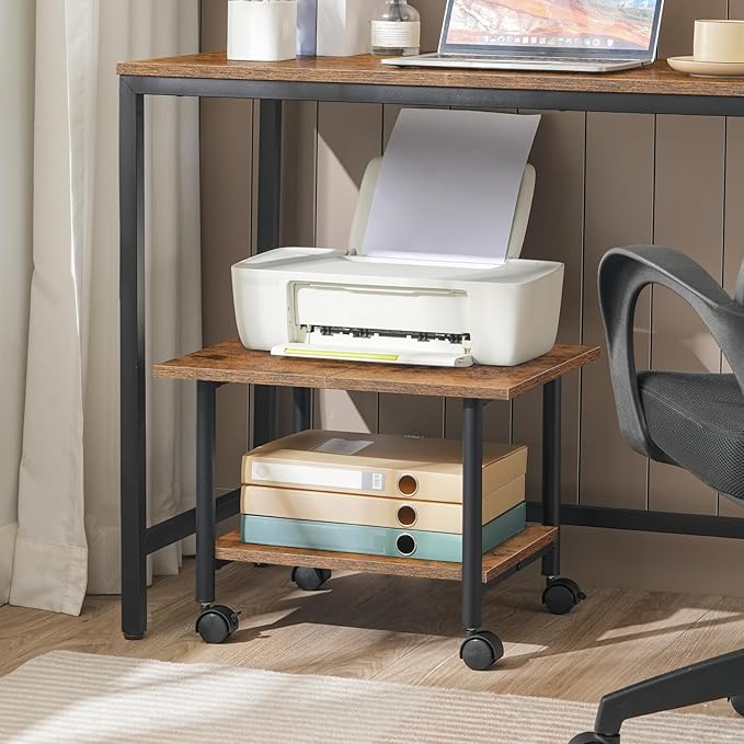 HOOBRO Printer Stand, 2-Tier Industrial Under Desk Printer Cart with Shelf, Mobile Heavy Duty Storage Rack on Wheels for Home, Office, Rustic Brown and Black BF02PS01G1