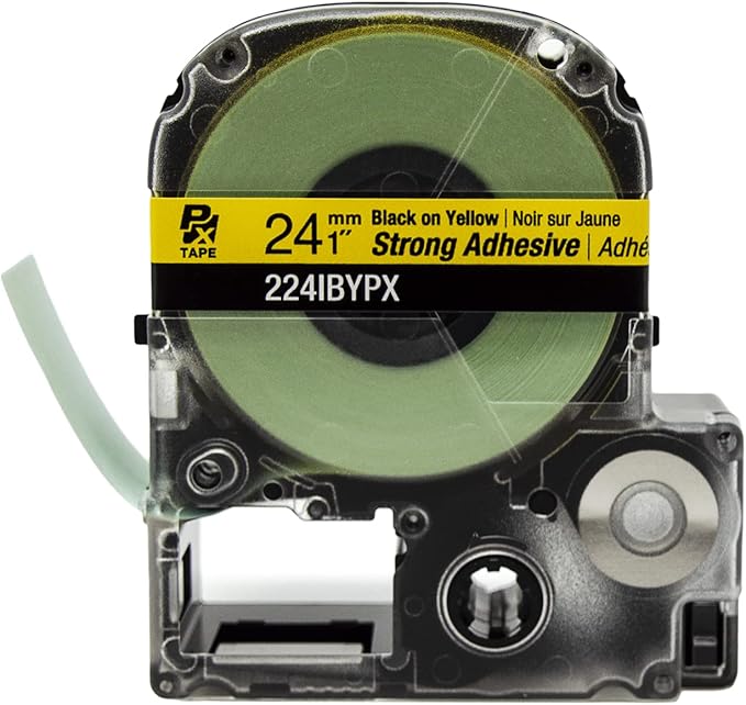 Epson LABELWORKS 224IBYPX Genuine PET (Polyester) Tape Cartridge - Black on Yellow Strong Adhesive Standard Industrial Label Maker Tape - 1" (24MM) Wide, 30'
