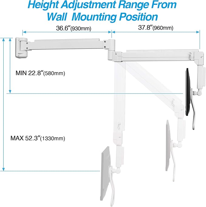 AVLT Medical Grade 17.6 lbs Monitor Wall Mount - Mounts Ultrawide Monitor on 74" Long Extension Full Motion Height Adjustable Arm - for Healthcare and Maintenance Area