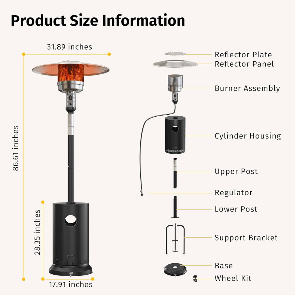 EAST OAK 50,000 BTU Patio Heater for Outdoor Use with Round Table Design, Double-Layer Stainless Steel Burner, Wheels, Triple Protection System, Outdoor Heater for Home and Residential, Black