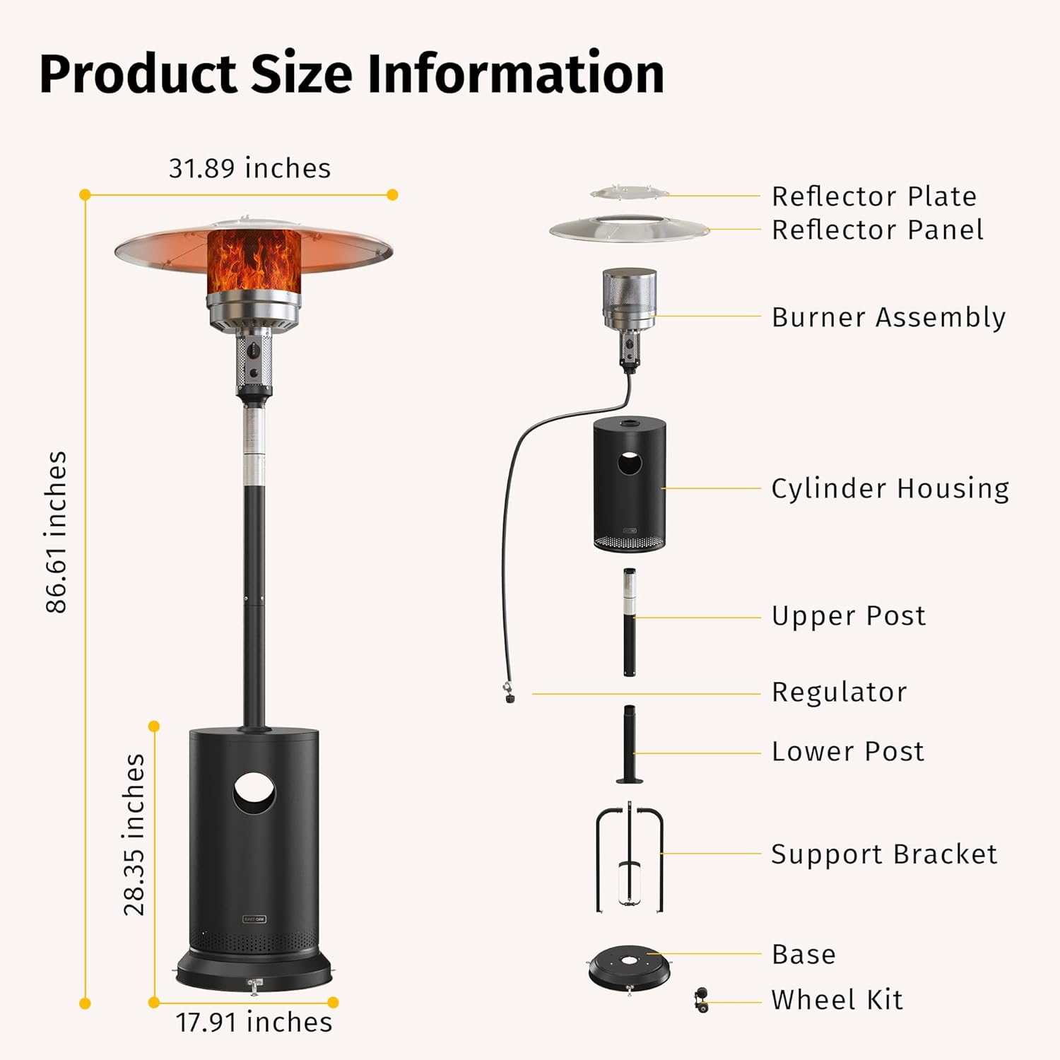 EAST OAK 50,000 BTU Patio Heater for Outdoor Use with Round Table Design, Double-Layer Stainless Steel Burner, Wheels, Triple Protection System, Outdoor Heater for Home and Residential, Black