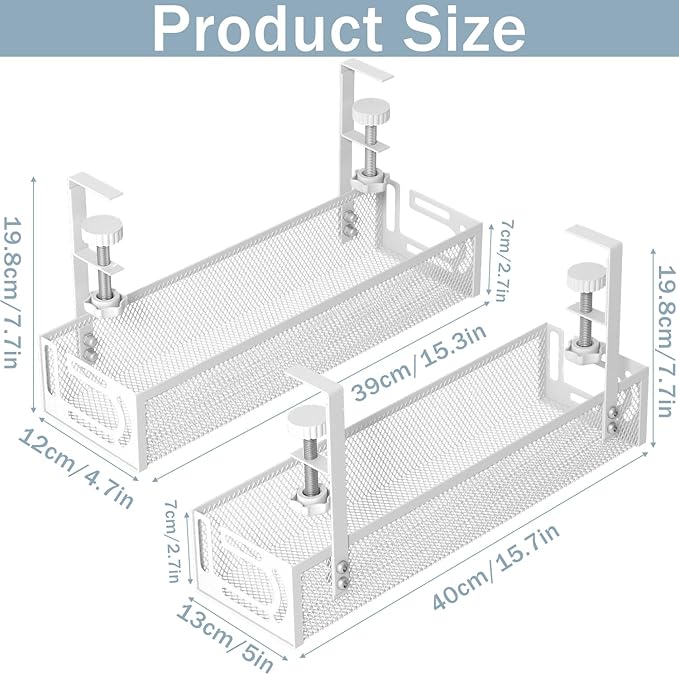 Cable Management, 2 Pack Cable Management Under Desk No Drill, Metal Cord Organizer with Clamp for Standing Desk, Cable Organizer for Home Office, White