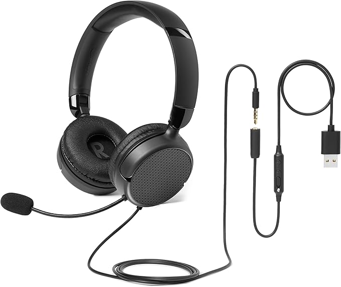 Amazon Basics On Ear Wired Computer Headset with Adjustable Microphone, 3.5mm Port or in Line Control with USB-A Port, Foldable, Small/Medium Size, Black