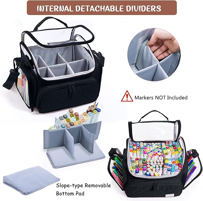 Large Marker Organizer Case Holds 150-200 Markers | Art Marker Storage Bag with Removable Dividers & Clear Top for Artists, Crafters & Travel - Pen, Pencil Alcohol Marker Holder - Art Supply