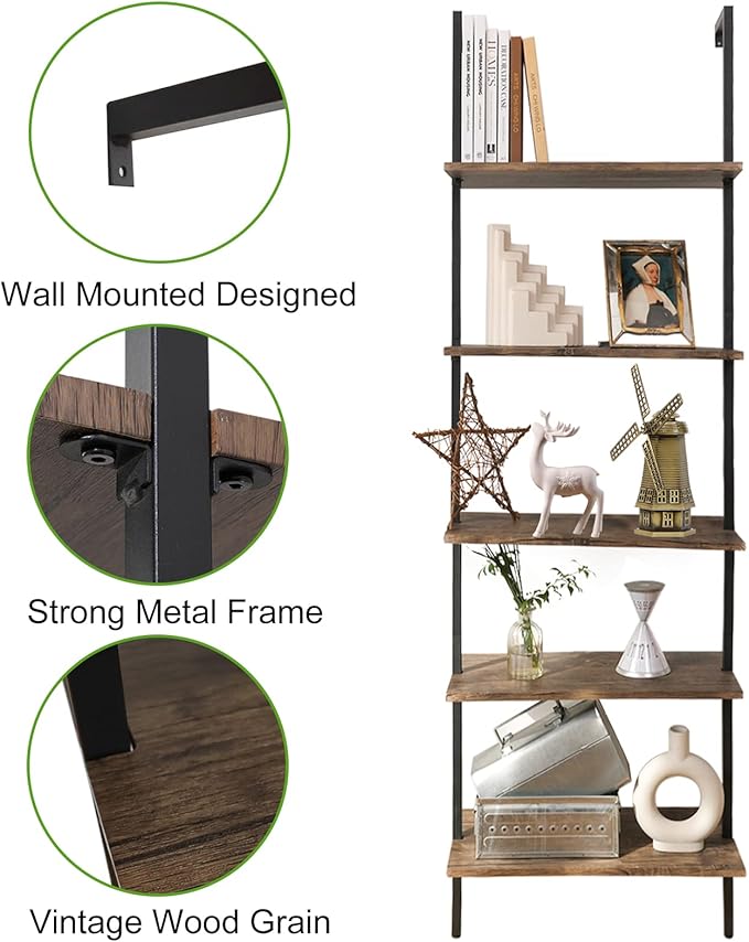aboxoo Ladder Shelf Open Bookshelf 5-tier Wood Wall-mounted Bookcase Storage Rack Open Back Industrial Modern Plant Flower Stand Utility Organizer Bookcase Metal Frame Furniture Office Kitchen Bedroom