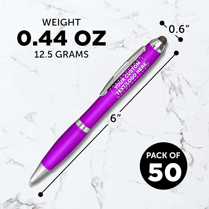 DISCOUNT PROMOS Custom Plastic Stylus Pens Set of 50, Personalized Bulk Pack - Black Ink, Great for Office, School, Business, Tradeshows, Events - Purple