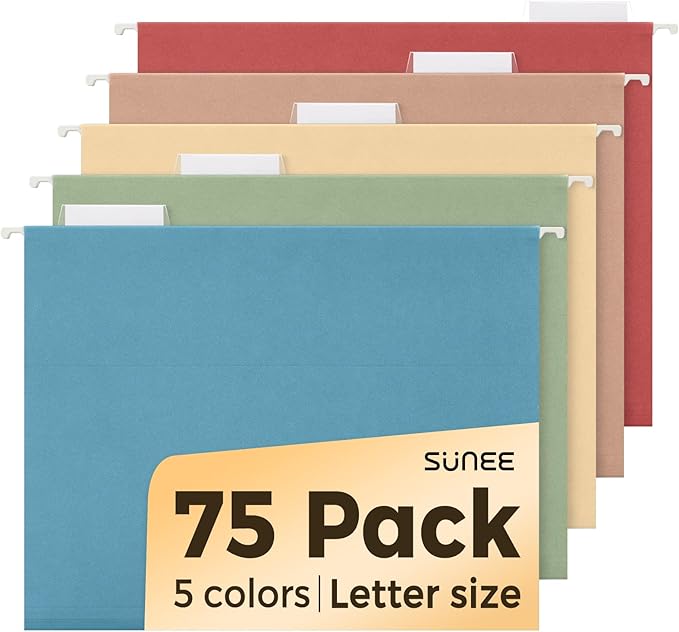 SUNEE Hanging File Folders, Retro Colors - 75 Pack, Colored File Folders Letter Size with 1/5-Cut Tabs, Ideal for Organizing Home and Office Documents