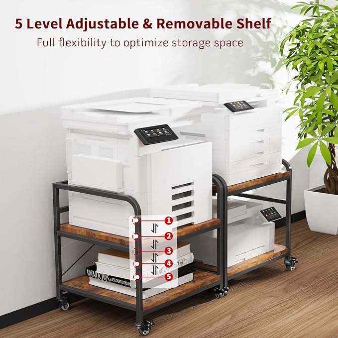 TFK 2 Tier Large Printer Stand with Storage, 20 x 20 Inches Under Desk Printer Table with Adjustable Shelf, Rolling Printers Cart with Wheels for Home Office, Fits Fax /3D Printer/Scanner, Brown