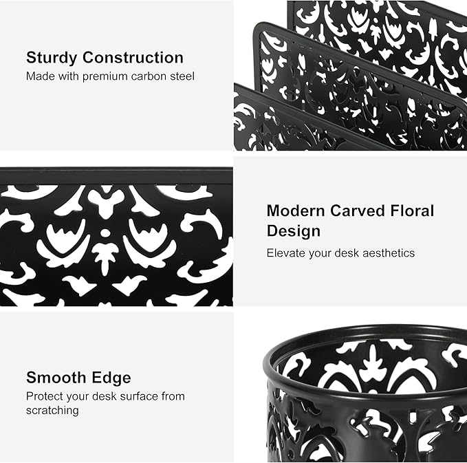 EasyPAG Desk Organizers and Accessories 3 Pieces Office Organizer Set - Pen Holder for Desk, Mail Sorter Countertop and Sticky Note Holder, Black