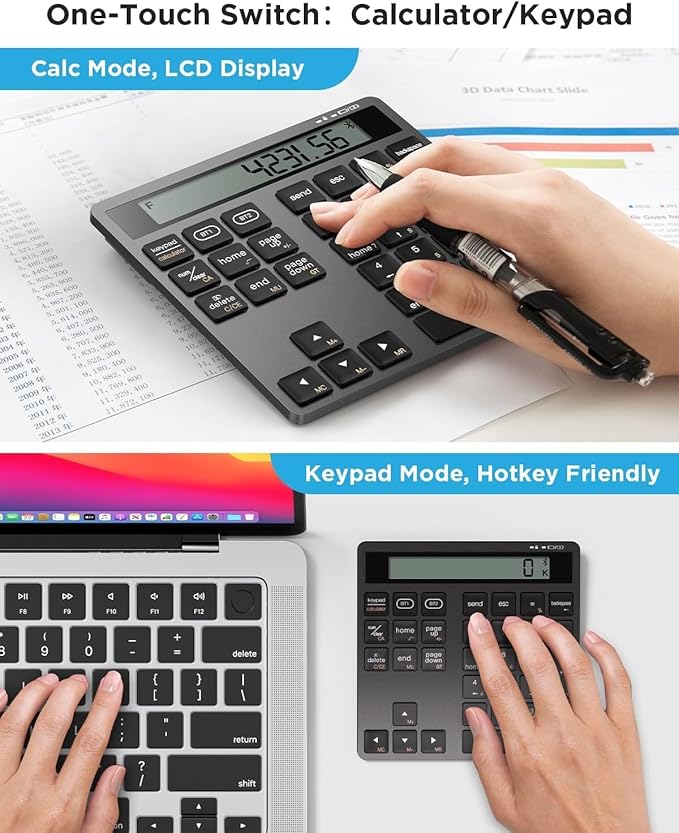 Bluetooth Number Pad, Wireless Numeric Keypad Calculator with Display, USB-C Rechargeable External 34-Keys Numpad, Financial Data Entry Keyboard for iMac, MacBook Air/Pro, PC Desktop, Laptop Notebook