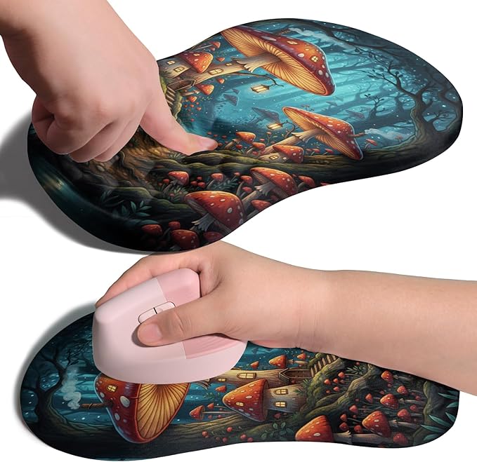 Ergonomic Joint Wrist Support Mouse Pad with Memory Foam Cushion Massage Bump, Carpal Tunnel Pain Relief Mousepad Slope Design for Wrist Rest, 11.8x7.9 in, Mushroom