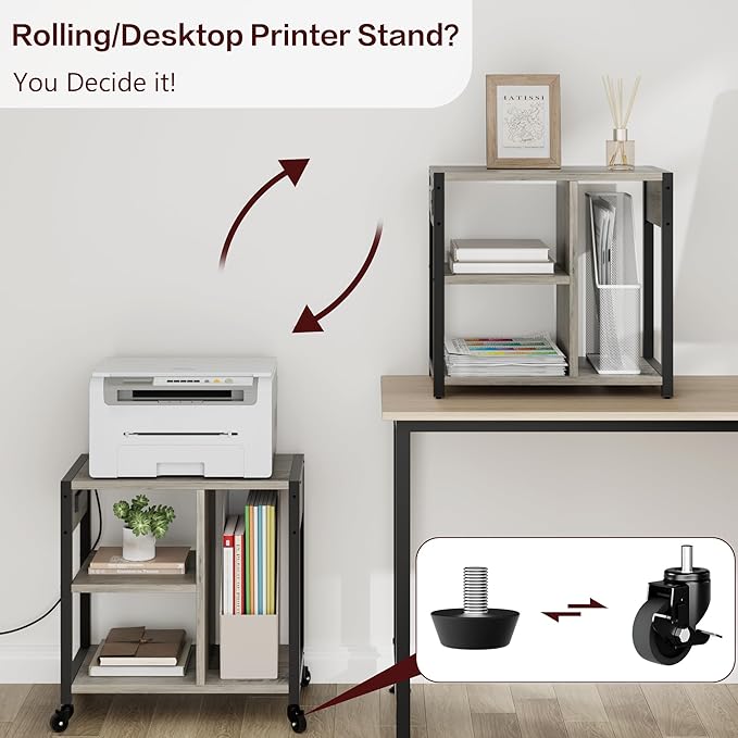 GarveeLife Small Printer Stand with Power Outlets, Rolling Printer Table with Lockable Wheels, Under Desk Printer Cart with Storage, Utility Storage Cart for Home, Office, Gray