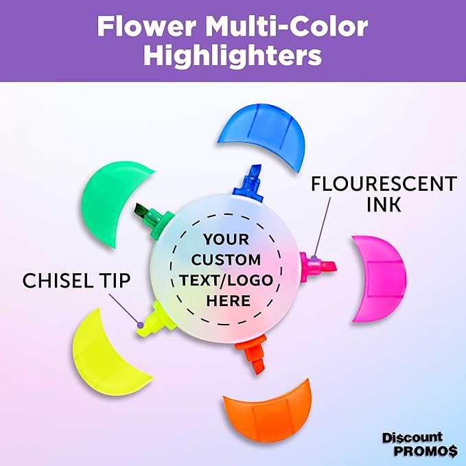 DISCOUNT PROMOS Custom Highlighters Set of 10/50/100, Personalized Bulk Pack Durable Chisel Tip Textbook Highlighters Handy and Easy to Store - Flower