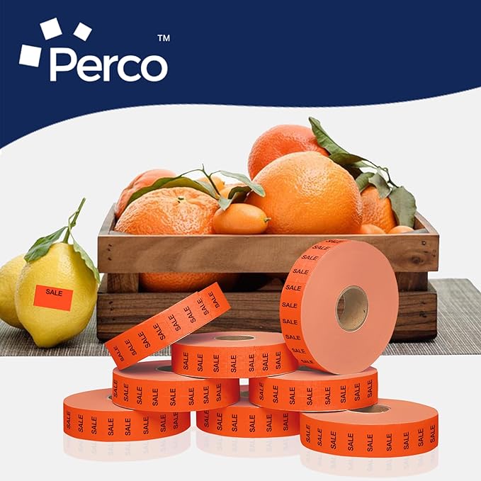 Perco Sale Fluorescent Red Pricing Labels for Monarch 1131 Price Gun - 1 Sleeve, 8 Rolls, 20,000 Price Marking Labels - with Ink Roll Included