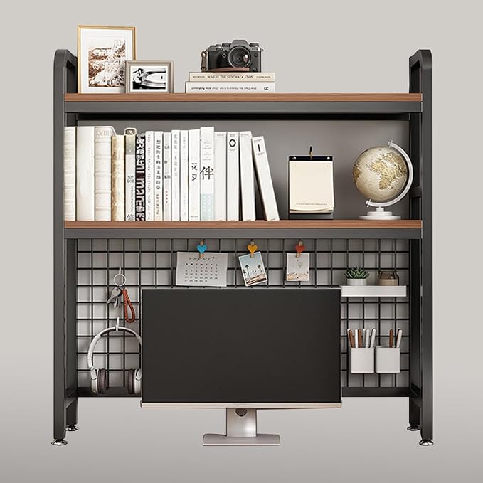 Desk Shelf Bookcase 2-Tier Metal Desktop Bookshelf Hutch with Grid Panel and DIY design possible Multipurpose Storage Organizer Display Rack for Dorm Office Home Computer Desk(Black 37.4"×7.9"×38.6")