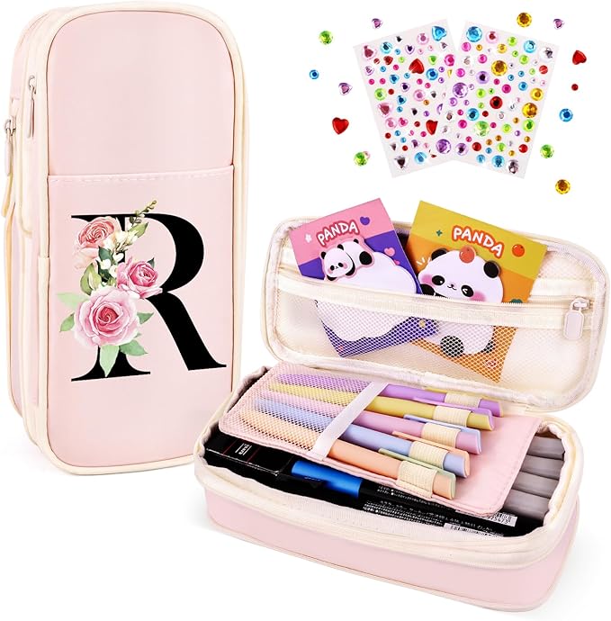 Preppy Pencil Case for Girls, Cute Large Pencil Pouch, Personalized Initial Pencil Bag with Zipper for School College Office Supplies, Back to School Supplies Gifts for Teen Girls (R, Pink)