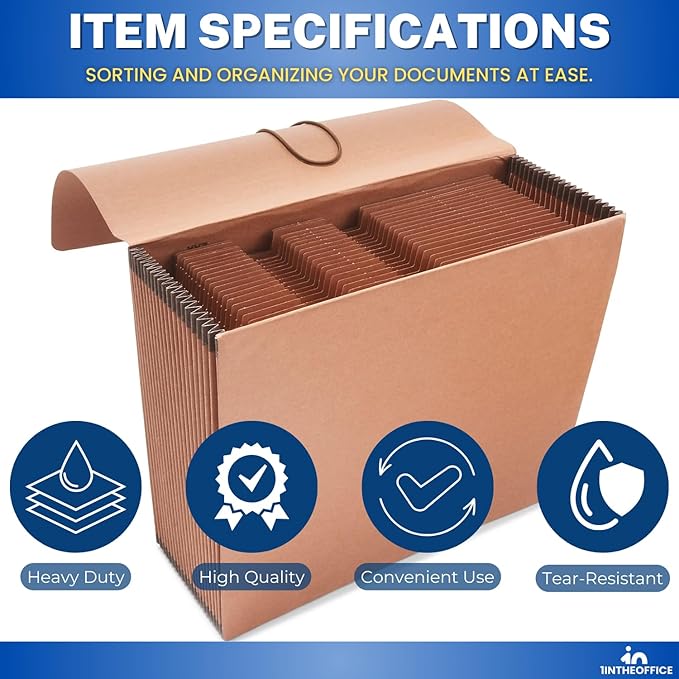 1InTheOffice Expanding File Folder Organizer, Accordion Folder with Flap, A-Z File Organizer Letter Size, Brown
