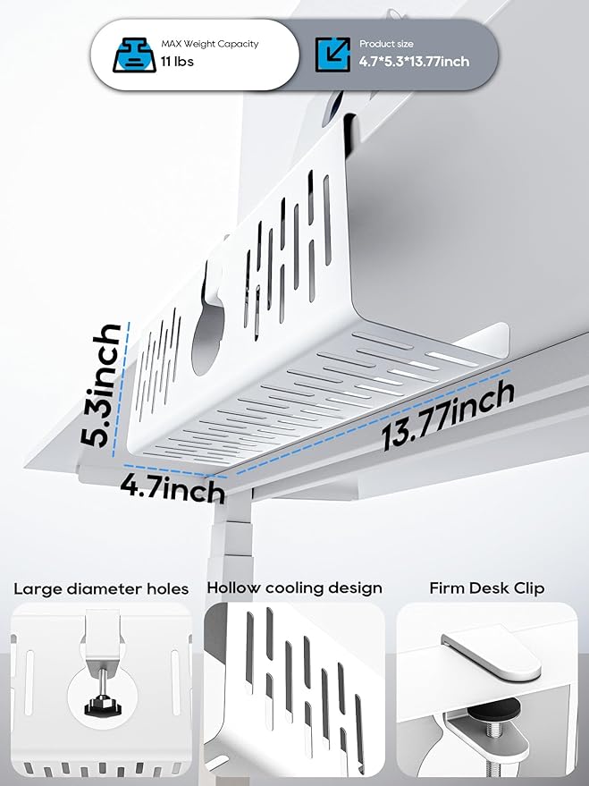 NODOCA No Drill Under Desk Cable Management Tray, 14'' Wire Management, Punch-Free Clamp on, Metal Cable Tray, Wire Organizer, Under Desk Basket for Office and Home, White