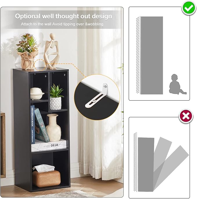 VECELO 3-Tier Small Bookcase, 4 Cube Bookshelf with Height Difference Shelves for Most Books, Modern Floor Standing Unit, Each Shelf Hold Up to 66 LBS for Living Room Bedroom, Vintage Black